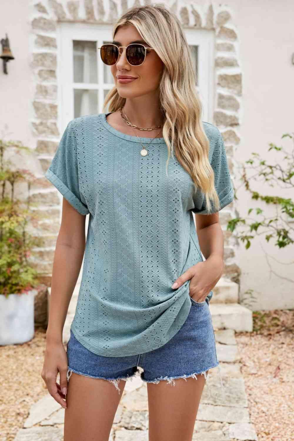 Full Size Round Neck Eyelet Short Sleeve Top - Chic Yana's Fashion