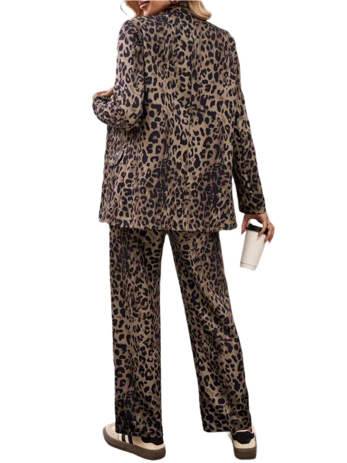 Full Size Leopard Lapel Collar Long Sleeve Blazer and Pants Set - Shop Now at Chic Yana's Fashion