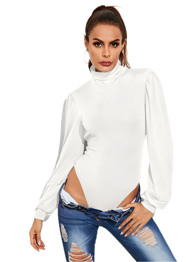 Backless Tie Waist Turtleneck Lantern Sleeve Bodysuit - Chic Yana's Fashion