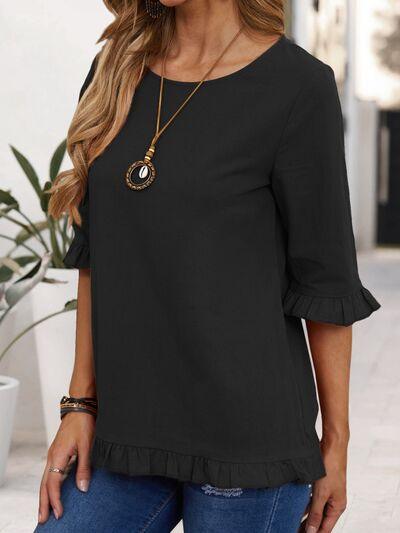 Ruffled Round Neck Half Sleeve Blouse - Chic Yana's Fashion