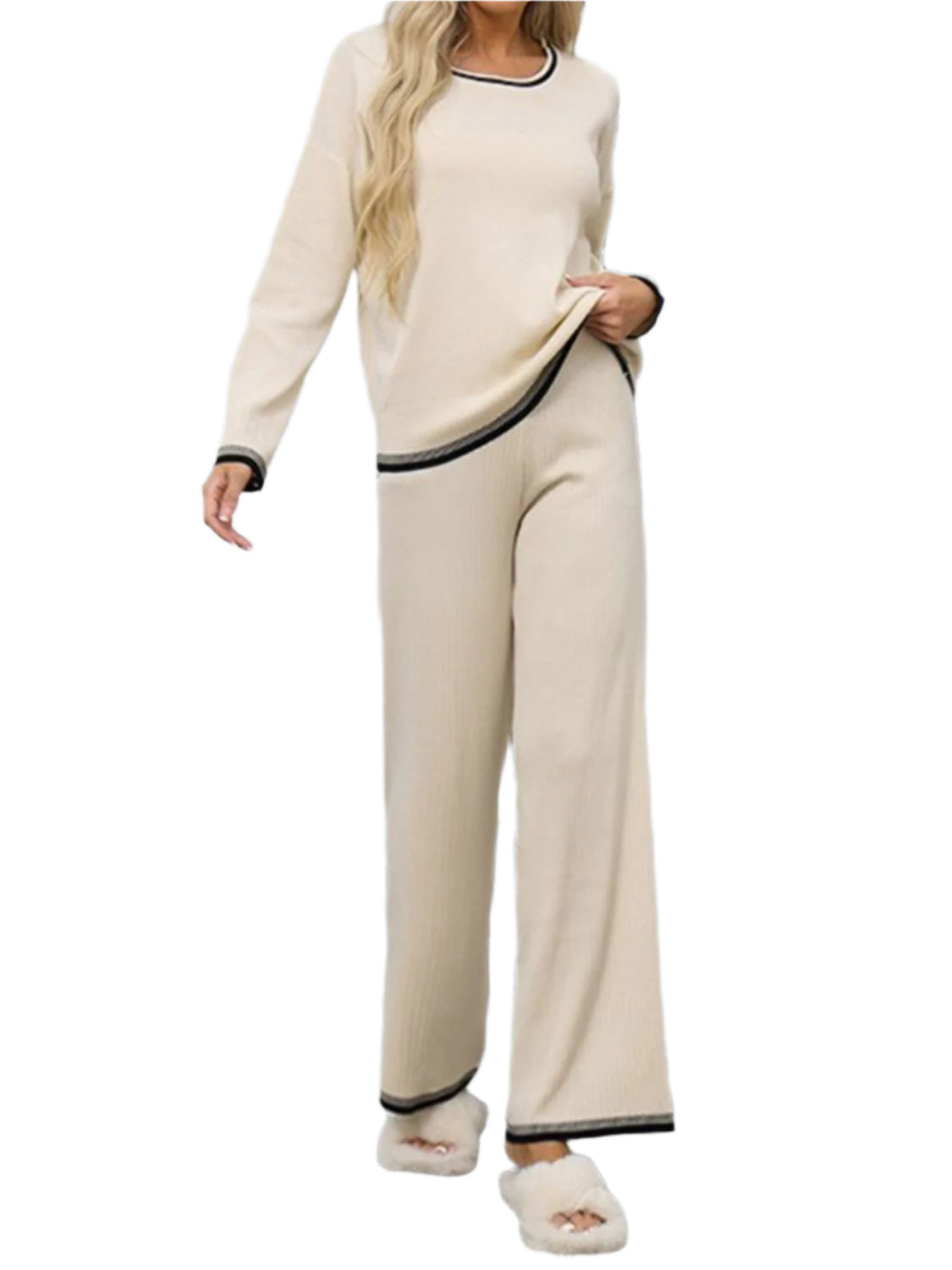 Contrast Trim Round Neck Top and Pants Sweater Set - Shop Now at Chic Yana's Fashion