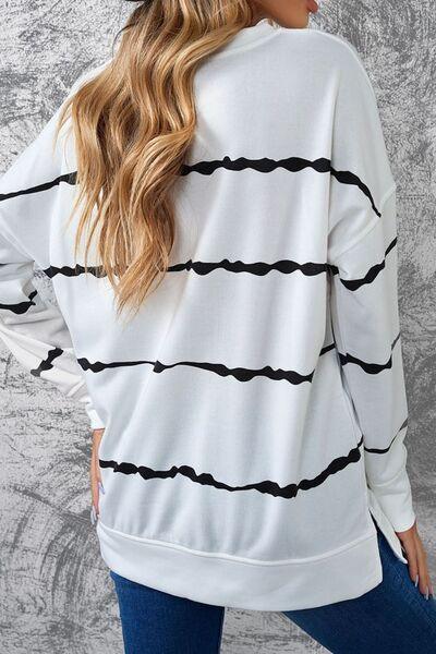 Slit Contrast Striped Round Neck Long Sleeve T Shirt - Chic Yana's Fashion