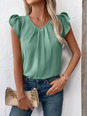 Ivy Lane Ruched Round Neck Cap Sleeve Blouse - Chic Yana's Fashion