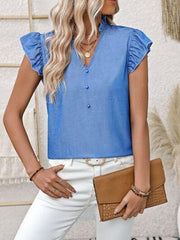 Honey Ruffled Notched Cap Sleeve Blouse - Chic Yana's Fashion