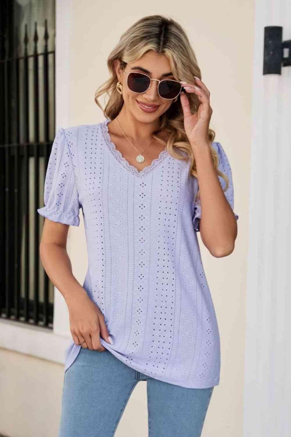 Eyelet Flounce Sleeve Scalloped V Neck Top - Chic Yana's Fashion