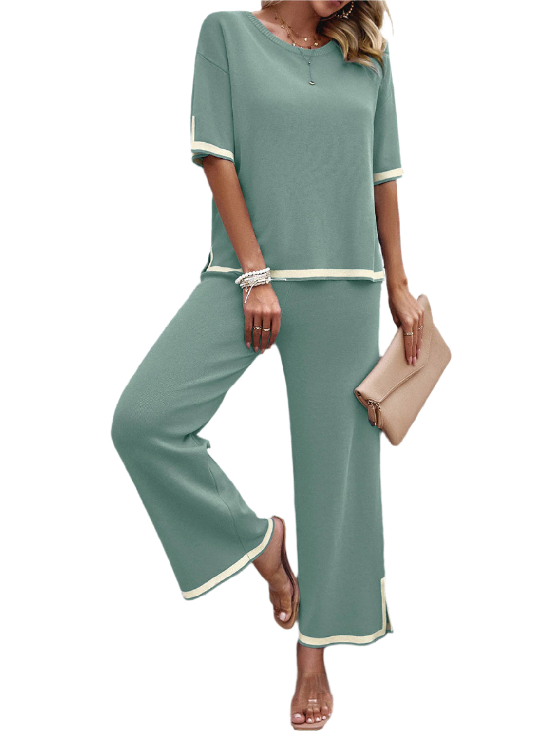 Devine Contrast Trim Round Neck Top and Pants Set – Chic Yana’s Fashion