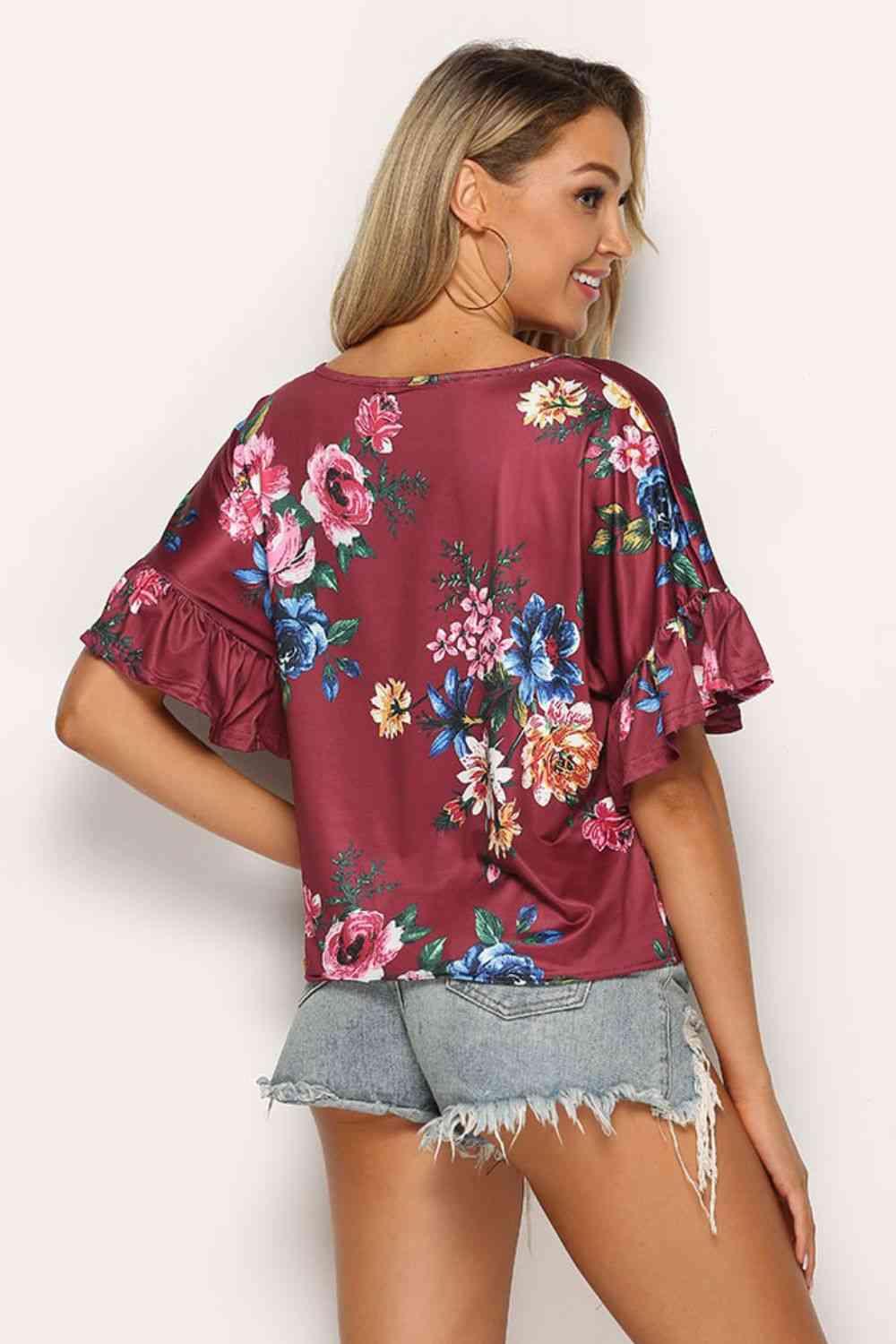 Shiny Floral Tie Hem Flounce Sleeve Top - Chic Yana's Fashion