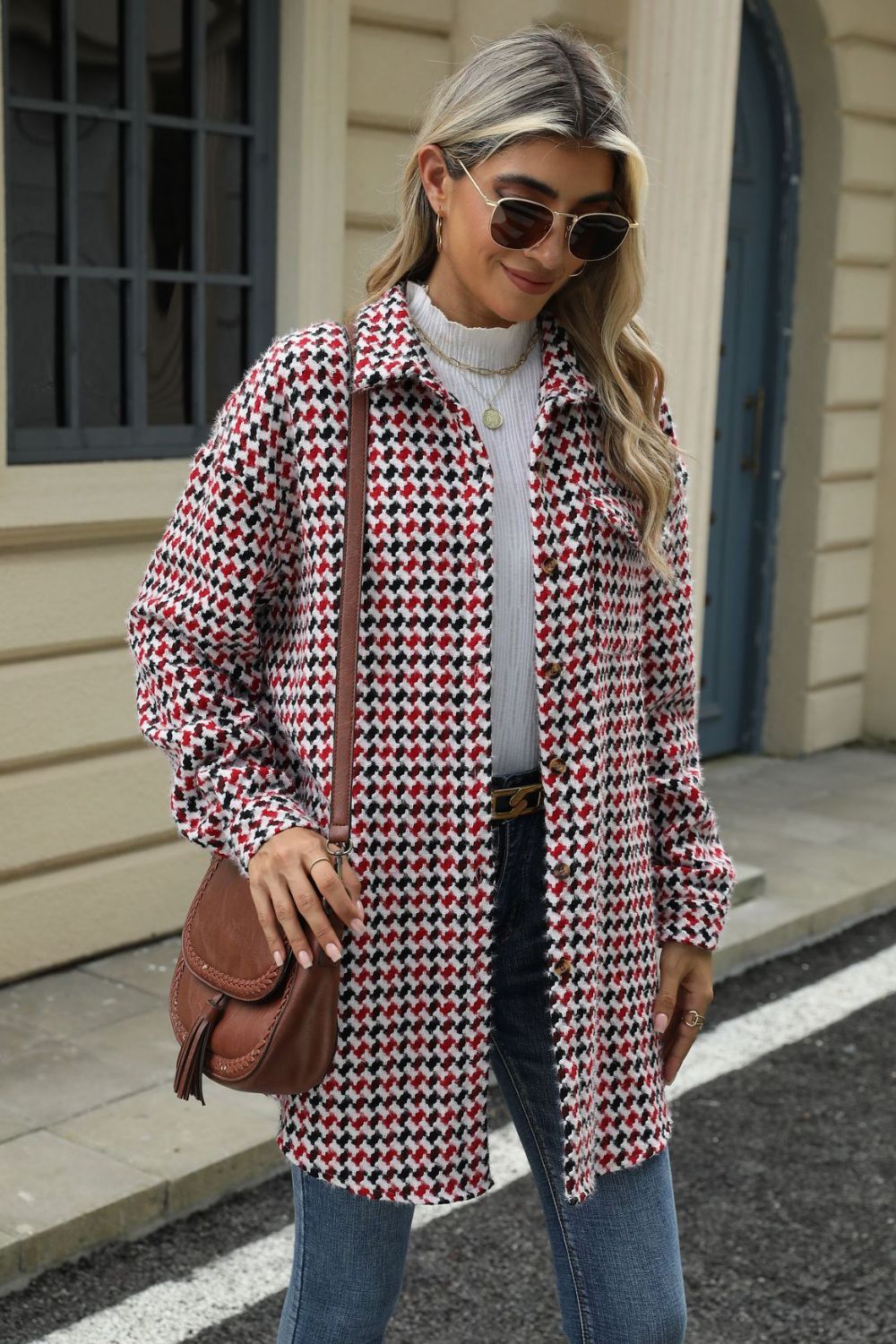 Houndstooth Button Up Dropped Shoulder Coat - Chic Yana’s Fashion
