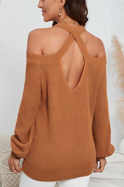 Cutout Back Cold Shoulder Long Sleeve Sweater - Chic Yana's Fashion