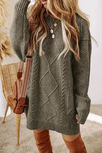 Cable Knit Round Neck Sweater Dress - Chic Yana's Fashion