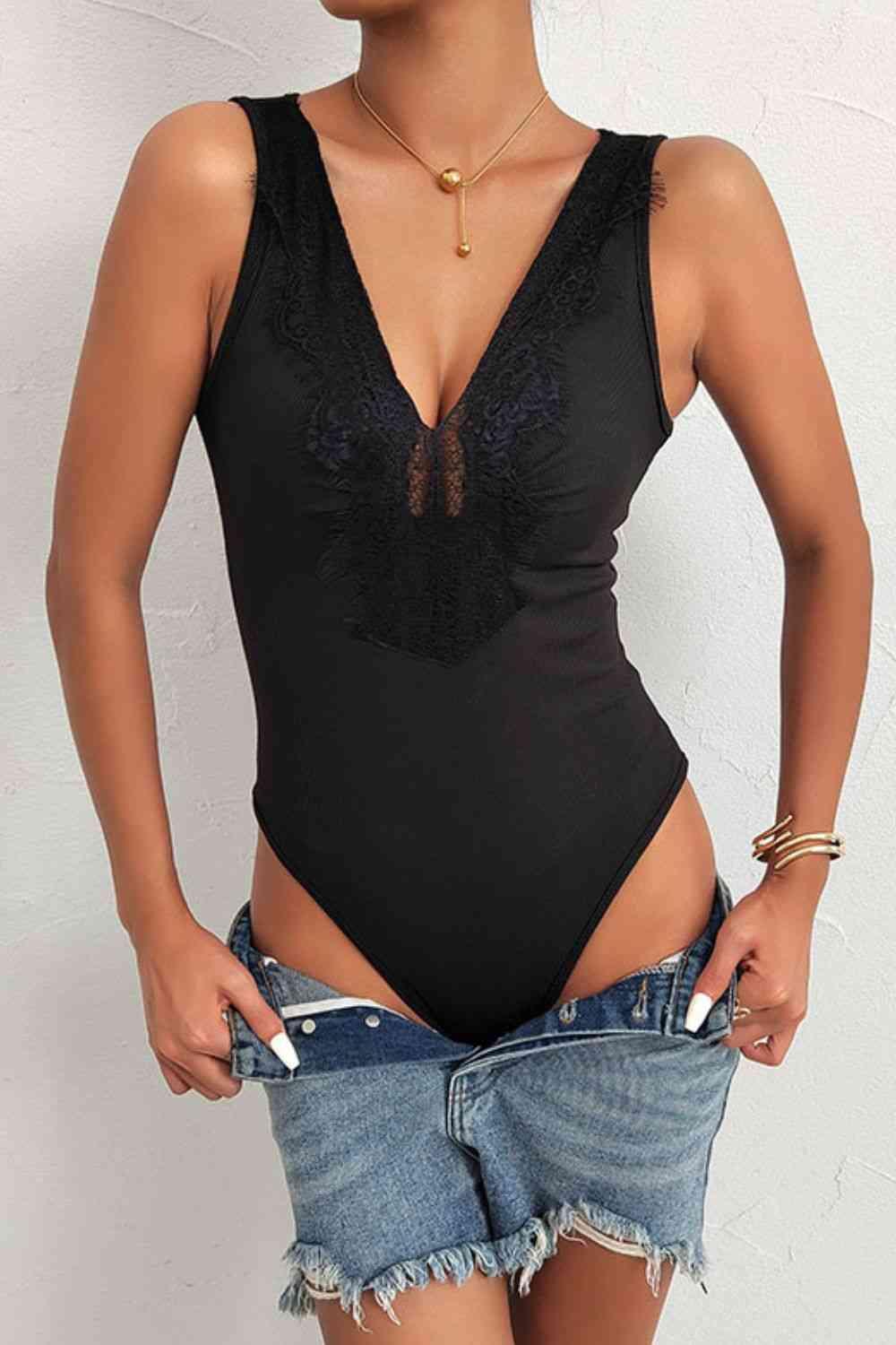 Perfee Spliced Lace Deep V Sleeveless Bodysuit - Chic Yana's Fashion