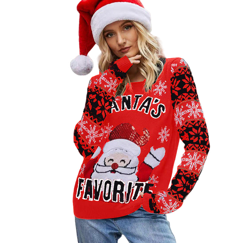 Santa Embroidered Crew Neck Knit Sweater — Sweater, Knit — Chic Yana Fashion