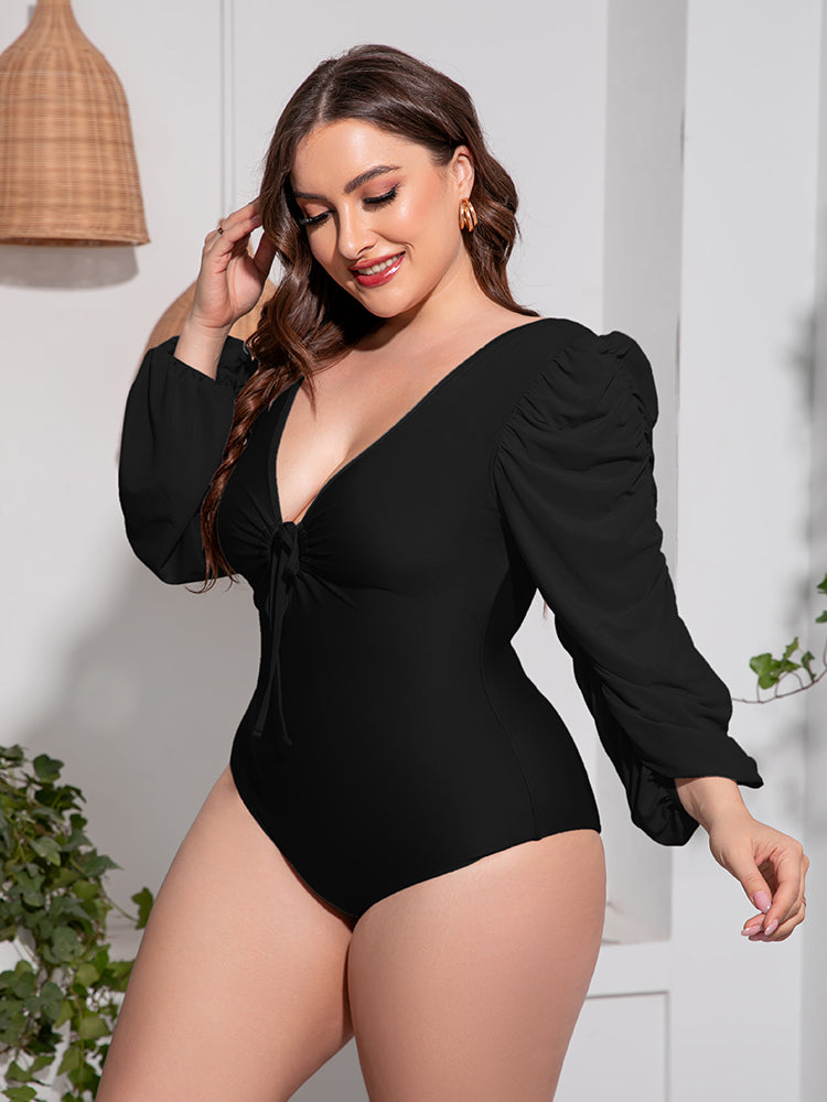 Plus Size Tied Deep V Balloon Sleeve One Piece Swimsuit - Stylish and Trendy Women's Fashion from Chic Yana's Fashion