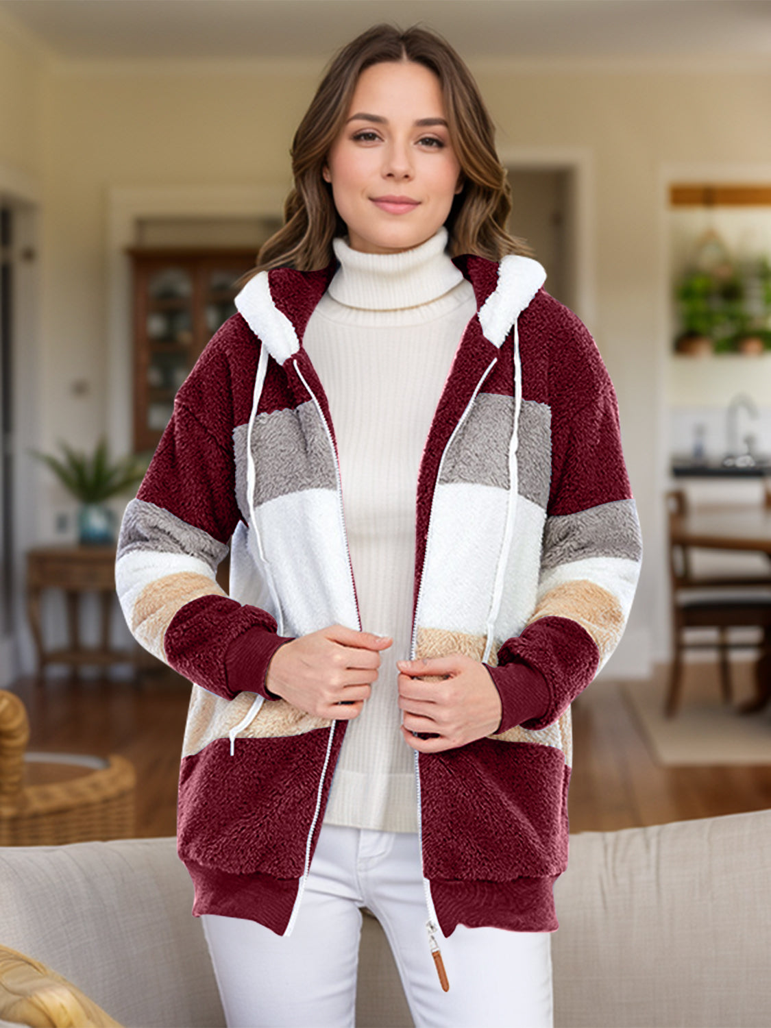 Full Size Drawstring Color Block Zip Up Hooded Outerwear - Chic Yana’s Fashion