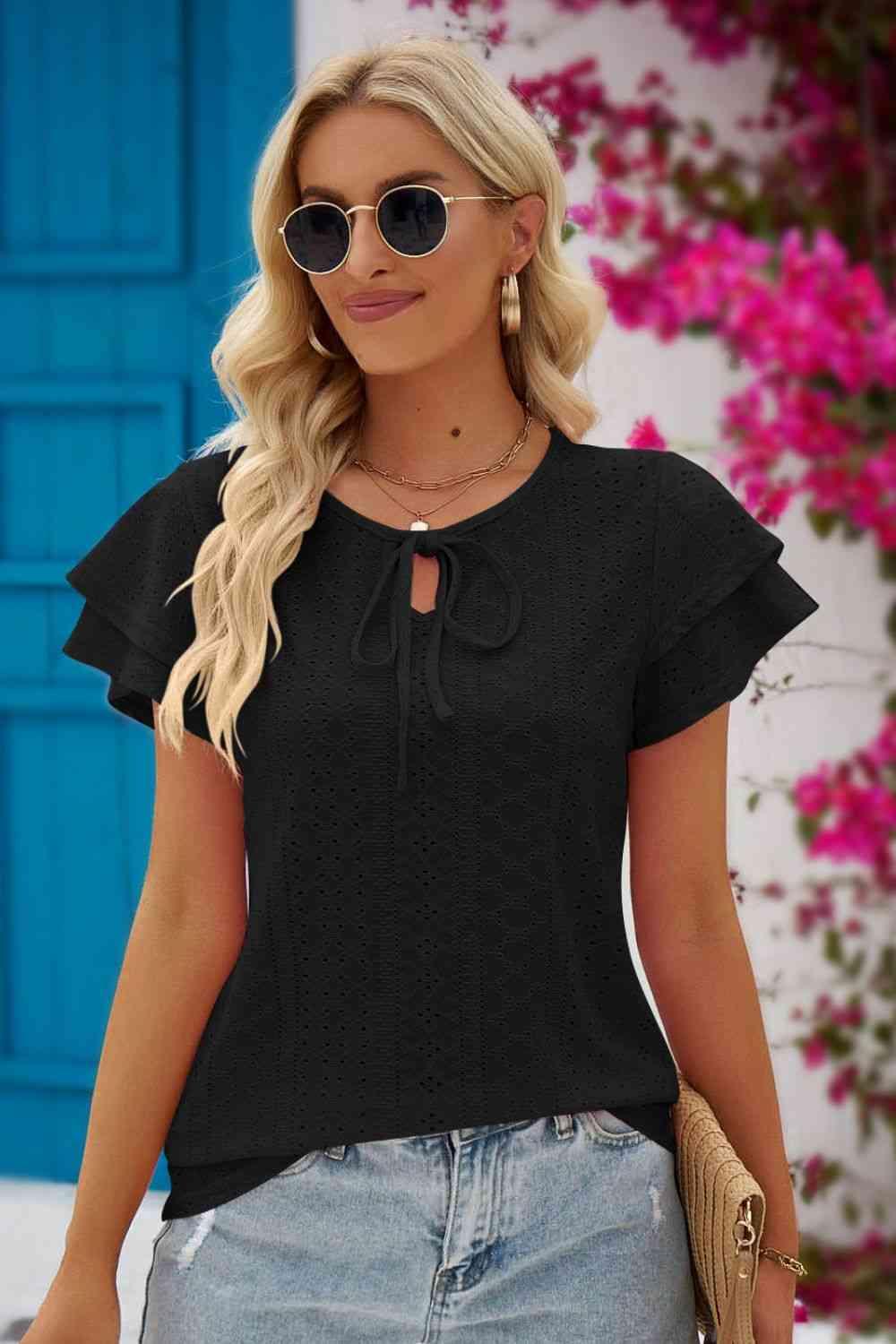 Mandy Eyelet Tie Neck Flutter Sleeve Blouse - Chic Yana's Fashion