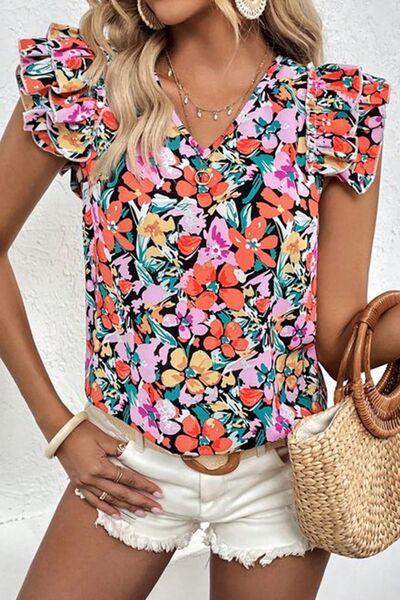 Ruffled Printed V Neck Cap Sleeve Blouse - Chic Yana's Fashion