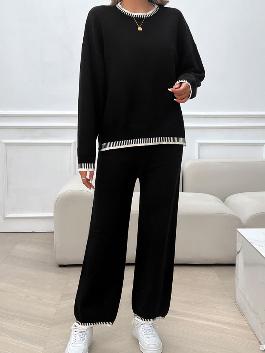 Devine Round Neck Dropped Shoulder Top and Pants Sweater Set – Chic Yana’s Fashion