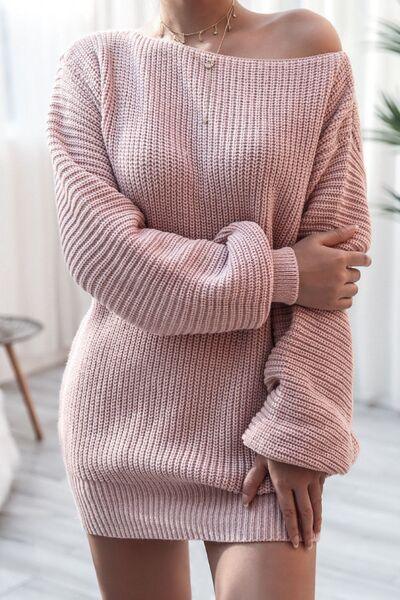 Boat Neck Long Sleeve Mini Sweater Dress - Chic Yana's Fashion