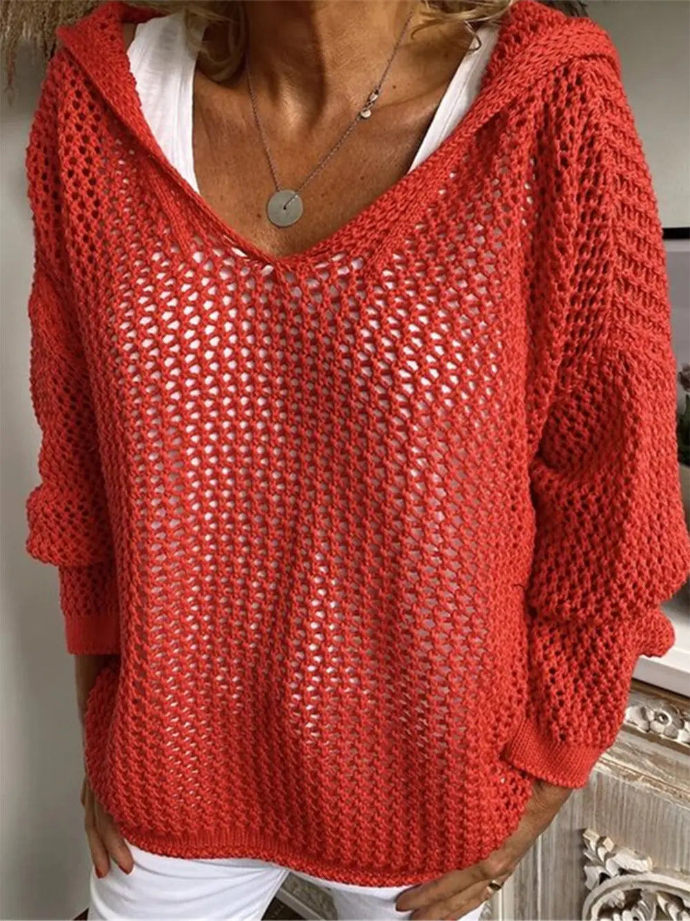 Openwork Hooded Long Sleeve Sweater – stylish women's fashion from Chic Yana's Fashion