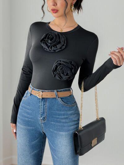 Perfee Flower Round Neck Long Sleeve Bodysuit - Chic Yana's Fashion