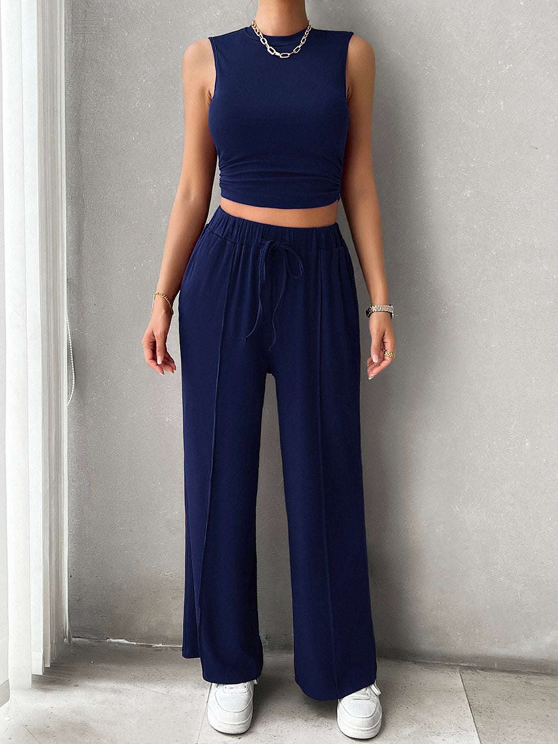Devine Mock Neck Sleeveless Top and Drawstring Pants Set – Chic Yana’s Fashion