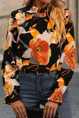 Floral Mock Neck Flounce Sleeve Blouse - Chic Yana's Fashion