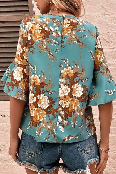 Printed Round Neck Half Sleeve Blouse 1 - Chic Yana's Fashion