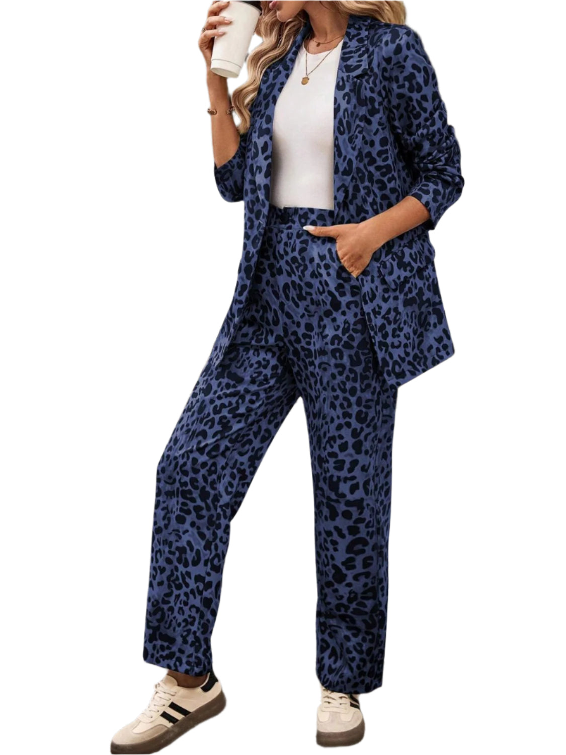 Full Size Leopard Lapel Collar Long Sleeve Blazer and Pants Set - Shop Now at Chic Yana's Fashion