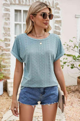 Full Size Round Neck Eyelet Short Sleeve Top - Chic Yana's Fashion