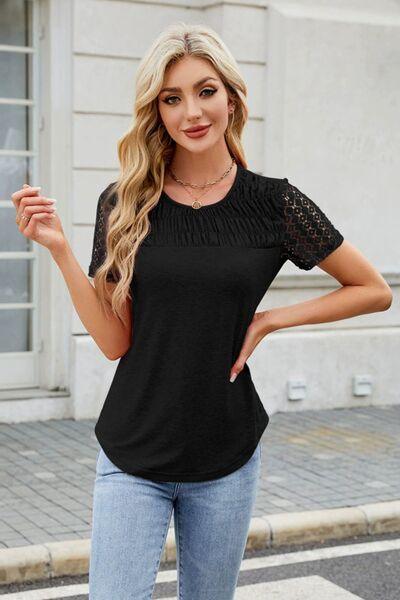 Smocked Round Neck Short Sleeve T Shirt 2 - Chic Yana's Fashion