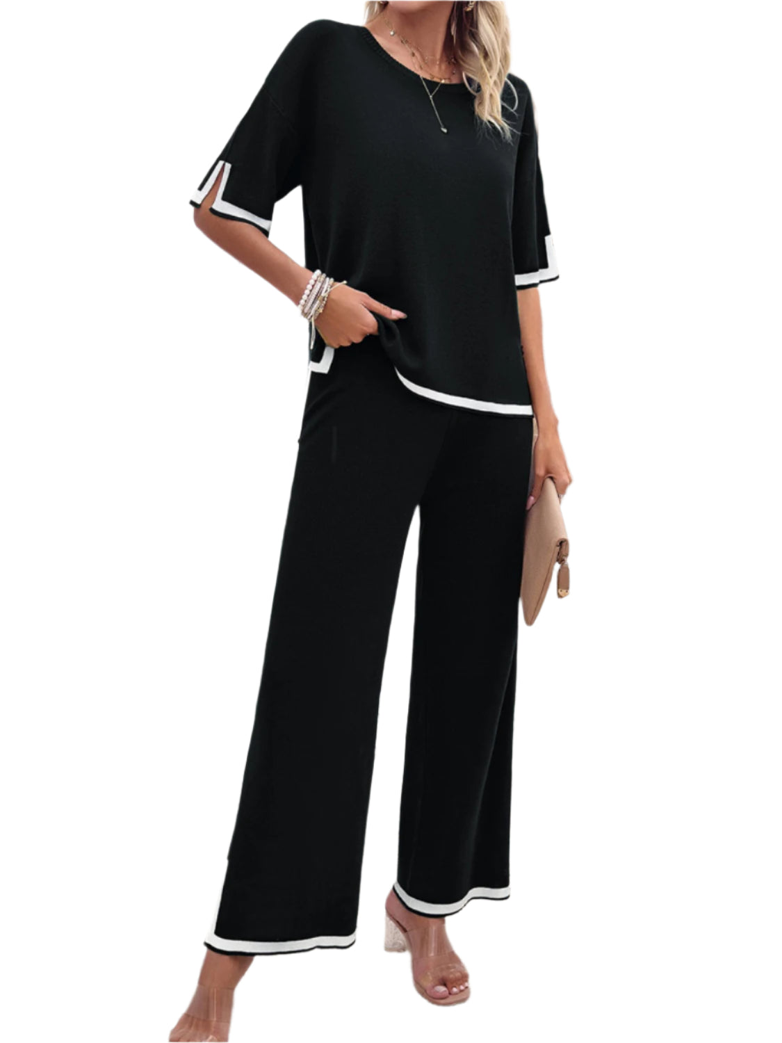 Devine Contrast Trim Round Neck Top and Pants Set – Chic Yana’s Fashion