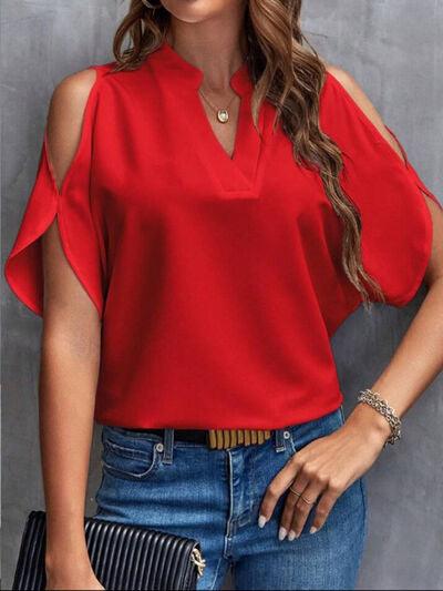 Notched Cold Shoulder Half Sleeve Blouse - Chic Yana's Fashion