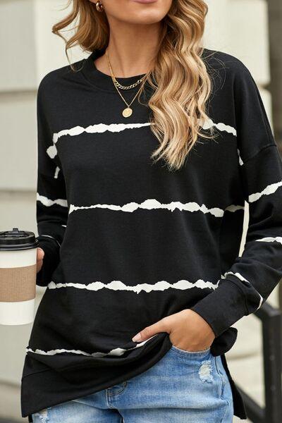 Slit Contrast Striped Round Neck Long Sleeve T Shirt - Chic Yana's Fashion