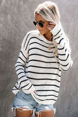 Striped Round Neck Drop Shoulder Sweater - Chic Yana's Fashion