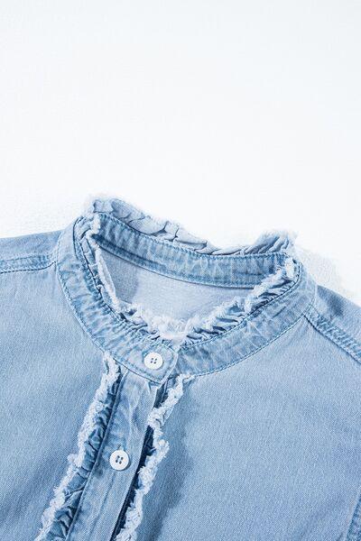 Button Down Raw Hem Ruffled Denim Shirt - Chic Yana's Fashion