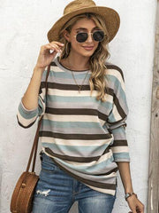 Full Size Striped Round Neck Long Sleeve T Shirt Plus Size - Chic Yana's Fashion