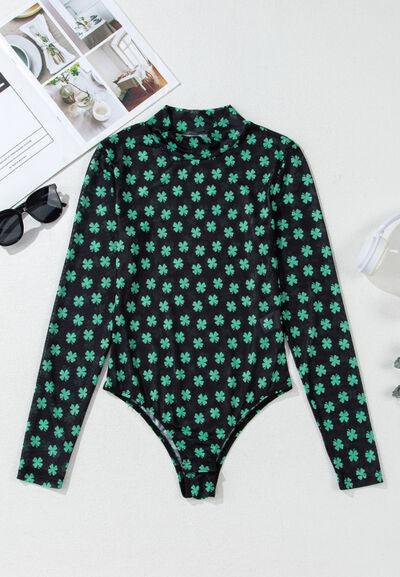 Lucky Clover Mock Neck Long Sleeve Bodysuit - Chic Yana's Fashion