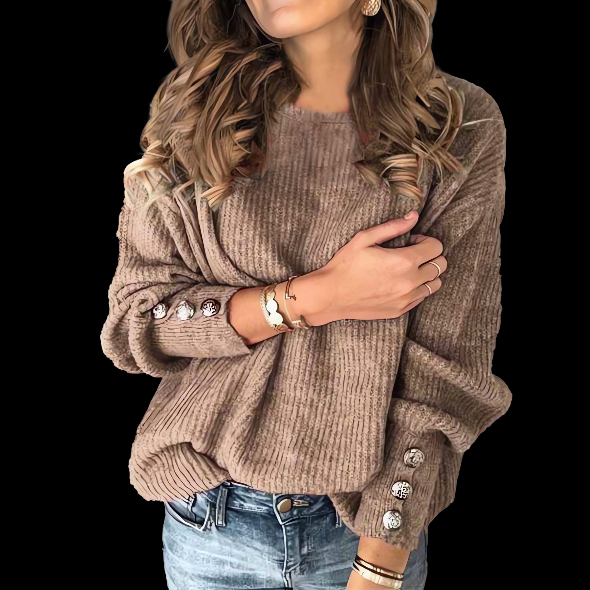 Chic Yana Fashion Long Sleeve Round Neck Button Knit T-shirt