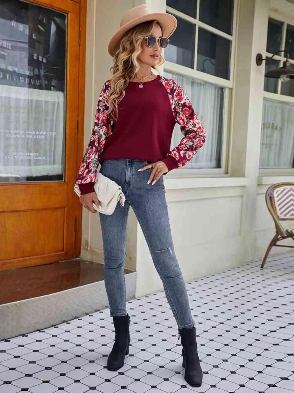 Floral Raglan Sleeve Round Neck Sweatshirt - Chic Yana's Fashion