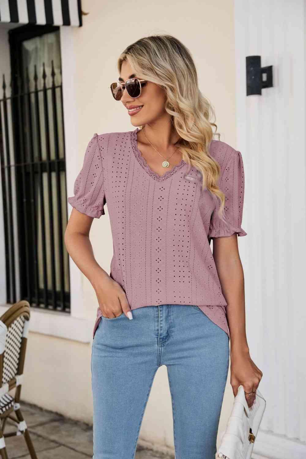 Eyelet Flounce Sleeve Scalloped V Neck Top - Chic Yana's Fashion