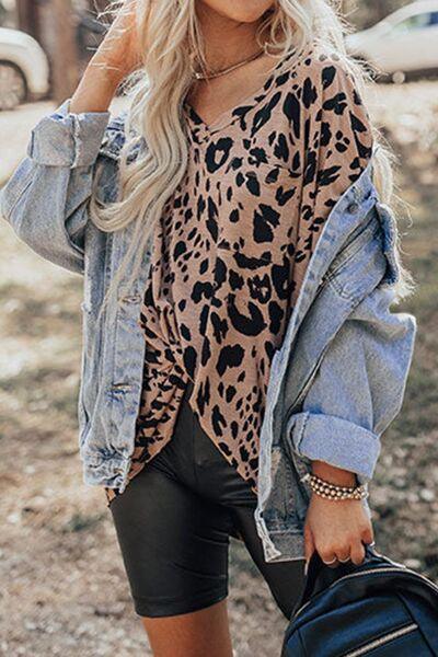 Leopard V Neck Half Sleeve T Shirt - Chic Yana's Fashion