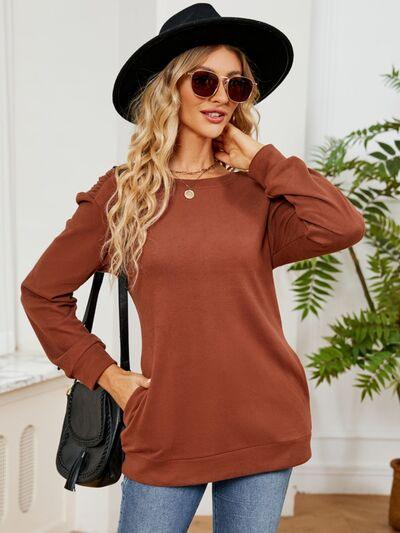 Ruched Shoulder Round Neck Long Sleeve Sweatshirt - Chic Yana's Fashion