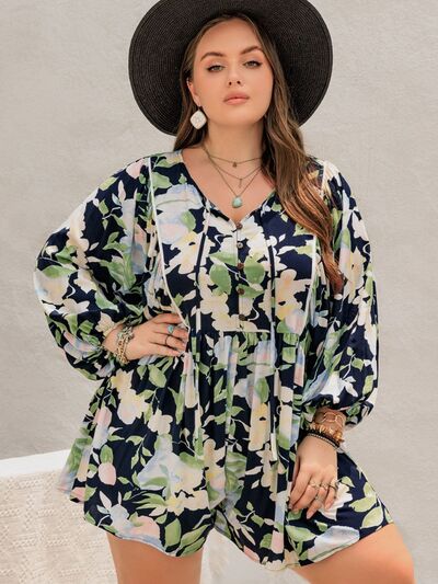 Plus Size Tied Printed Long Sleeve Romper - Chic Yana's Fashion