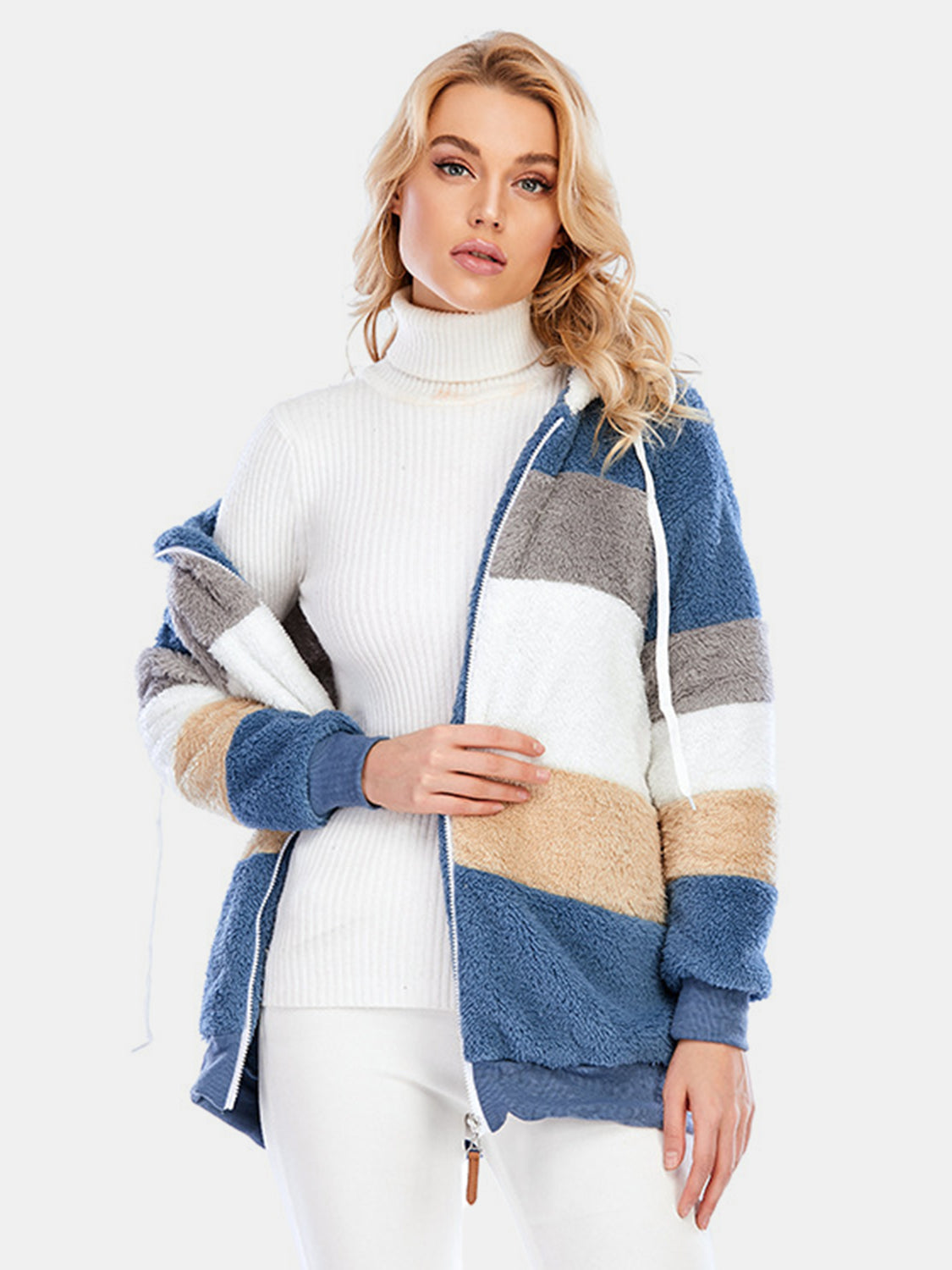 Full Size Drawstring Color Block Zip Up Hooded Outerwear - Chic Yana’s Fashion