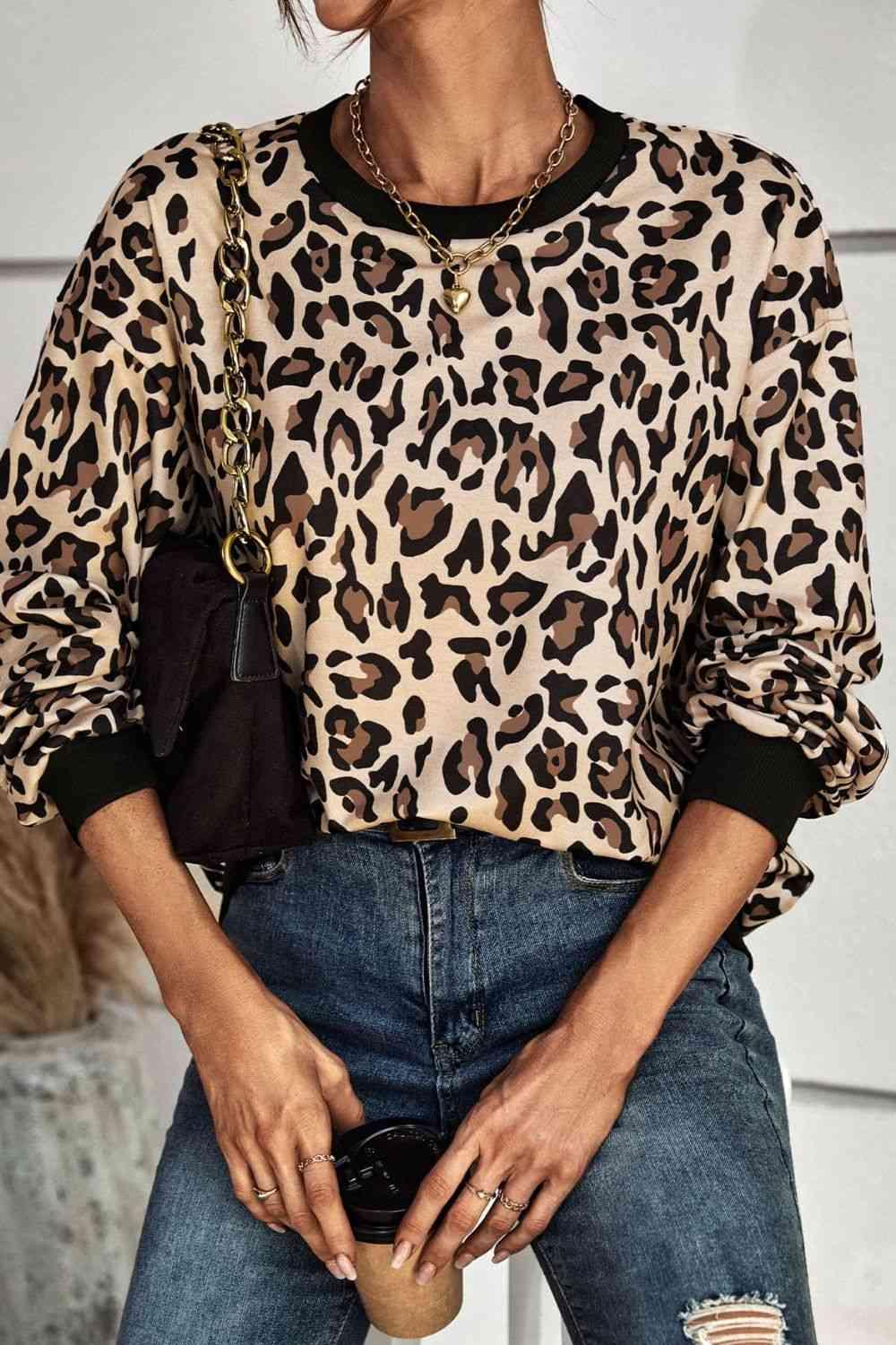 Leopard Round Neck Dropped Shoulder Sweatshirt - Chic Yana's Fashion