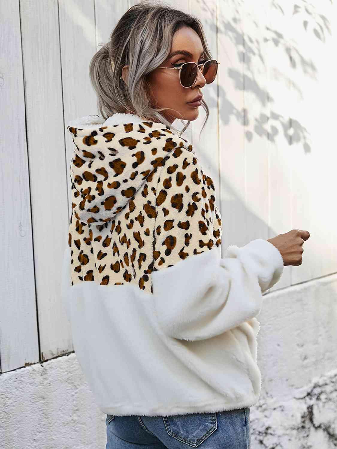 Shiny Leopard Half Zip Dropped Shoulder Hoodie - Chic Yana's Fashion