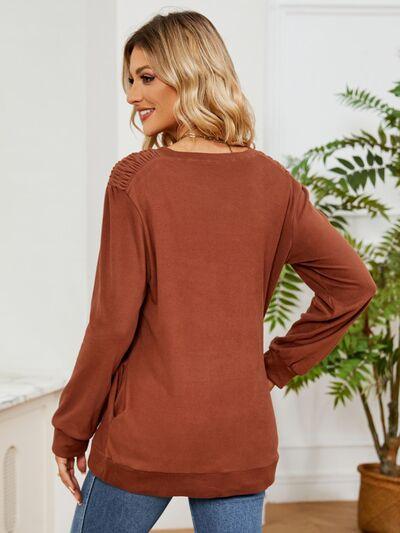 Ruched Shoulder Round Neck Long Sleeve Sweatshirt - Chic Yana's Fashion