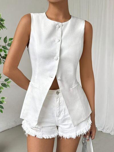 Button Down Round Neck Vest - Chic Yana's Fashion