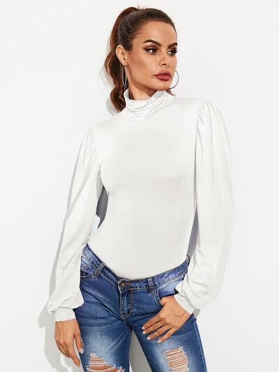 Backless Tie Waist Turtleneck Lantern Sleeve Bodysuit - Chic Yana's Fashion