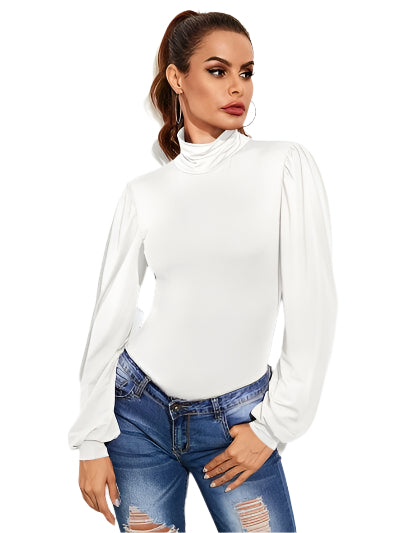 Backless Tie Waist Turtleneck Lantern Sleeve Bodysuit - Chic Yana's Fashion
